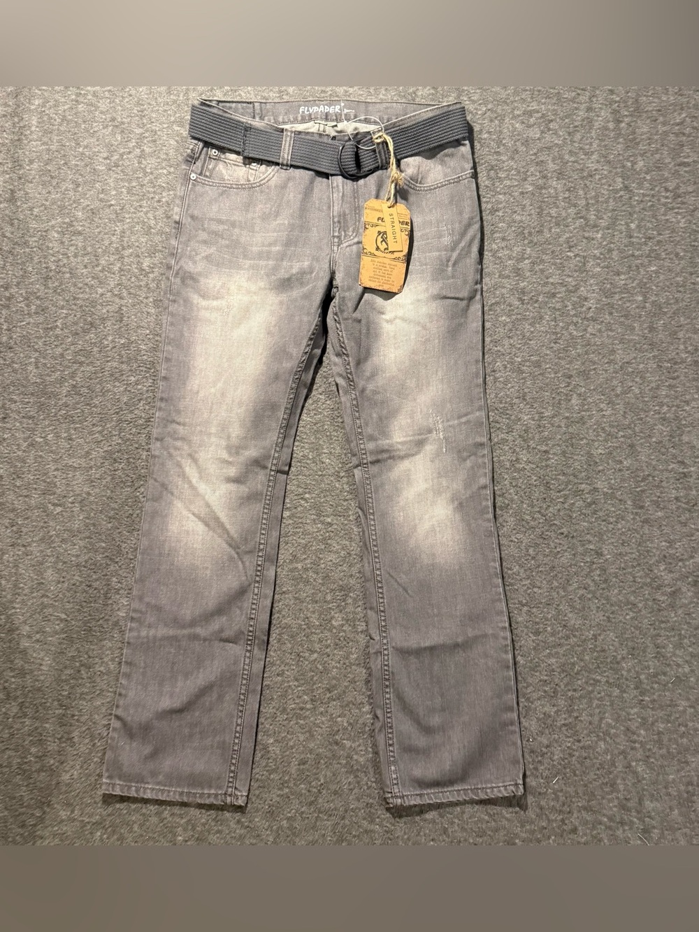 Flypaper Gray Jeans Mens 32x32 Straight Belted 100% Cotton Faded Distressed y2k